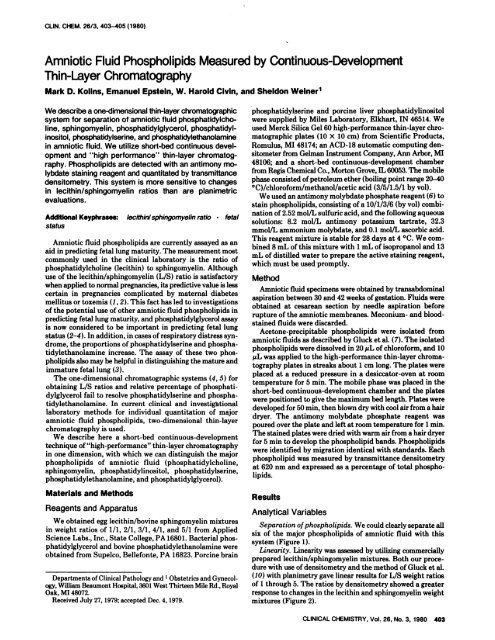 Amniotic Fluid Phospholipids Measured by ... - Clinical Chemistry