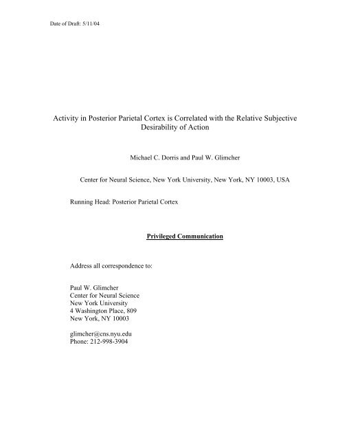 Activity in Posterior Parietal Cortex is Correlated with the - Center ...