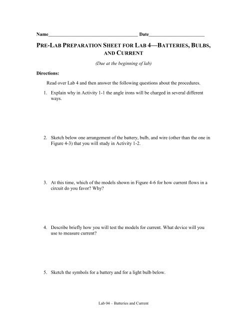 pre-lab preparation sheet for lab 4—batteries, bulbs, and current