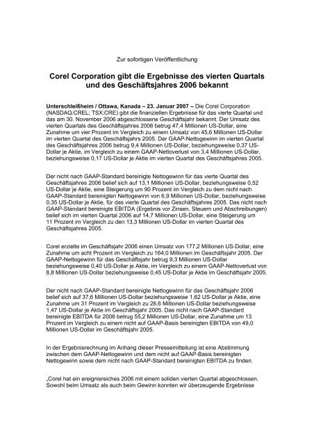 Corel Corporation gibt die Ergebnisse des vierten Quartals und des ...