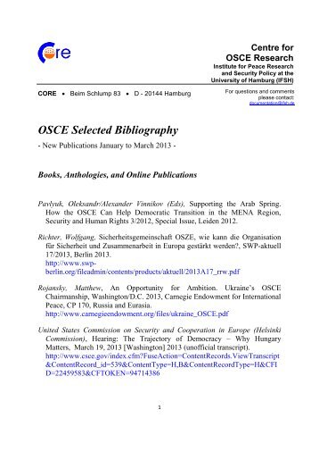 New Publications January to March 2013 - Centre for OSCE Research