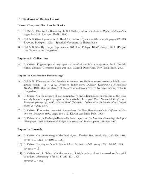 Publications of Balázs Csikós - ELTE - Matematikai Intézet
