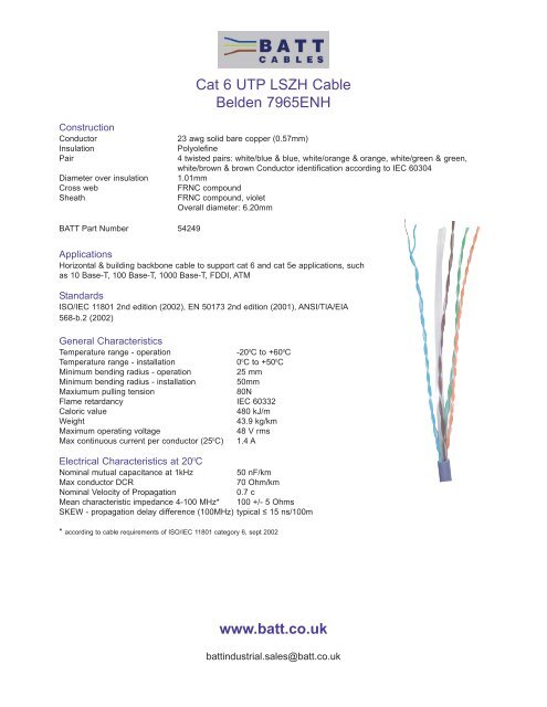 Cat 6 UTP LSZH Cable Belden 7965ENH www.batt.co.uk - Batt Cables