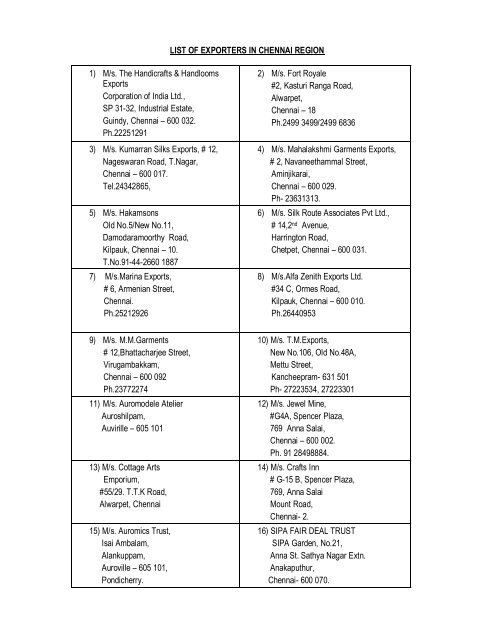 List Of Exporters In Chennai Region 1 M S The