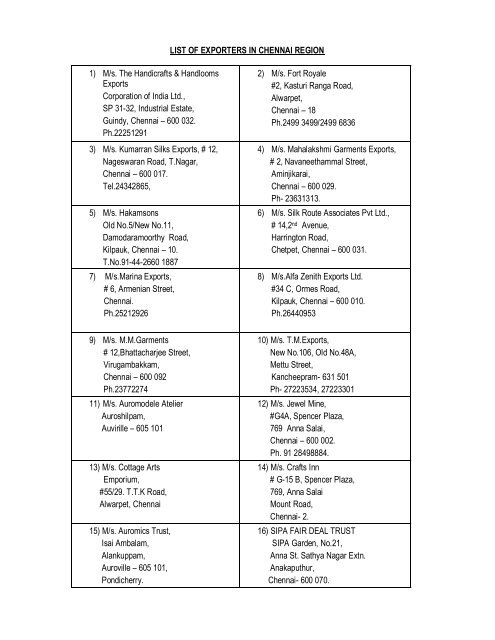 List Of Exporters In Chennai Region 1 M S The