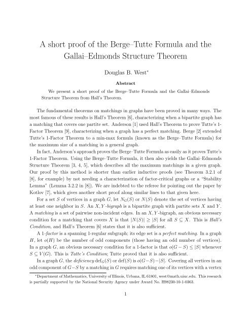 A short proof of the Berge–Tutte Formula and the Gallai–Edmonds ...