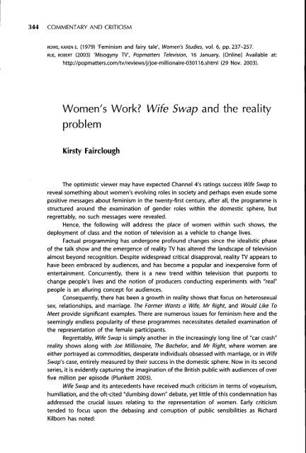 Article 1: "Women's Work: Wife Swap and the Reality Problem."