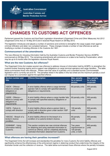 ACBPS fact sheet - Changes to Customs Act Offences - Australian ...