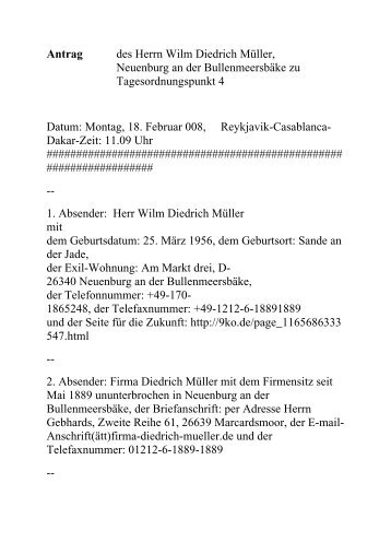 Antrag des Herrn Wilm Diedrich Müller, Neuenburg an der ...