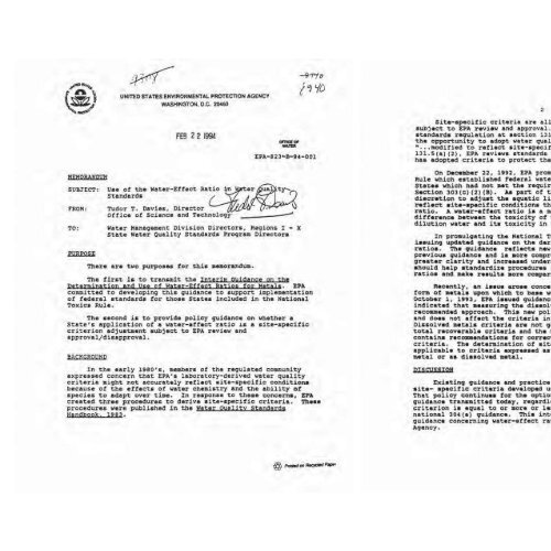 Use of the WaterEffect Ratio in Water Quality Standards