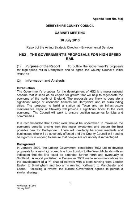 HS2 The Government's proposals for High Speed Rail - Derbyshire ...