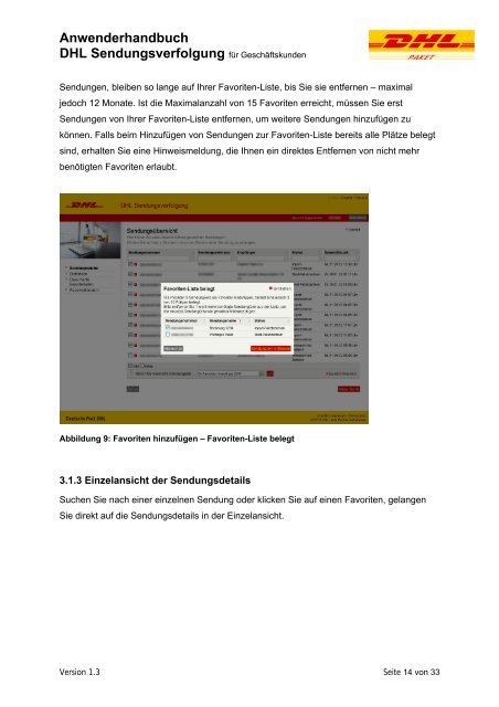 Anwenderhandbuch DHL Sendungsverfolgung