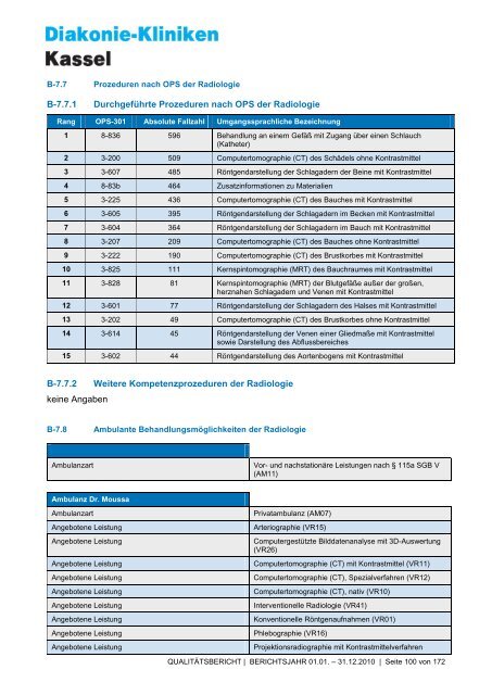 Qualitätsbericht 2010 - AGAPLESION DIAKONIE KLINIKEN KASSEL