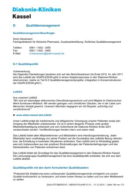 Qualitätsbericht 2010 - AGAPLESION DIAKONIE KLINIKEN KASSEL