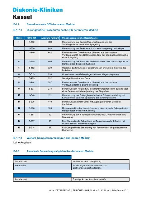 Qualitätsbericht 2010 - AGAPLESION DIAKONIE KLINIKEN KASSEL