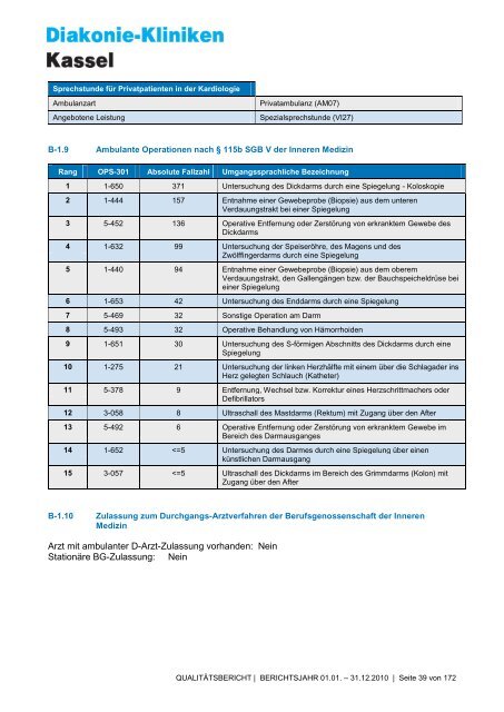 Qualitätsbericht 2010 - AGAPLESION DIAKONIE KLINIKEN KASSEL