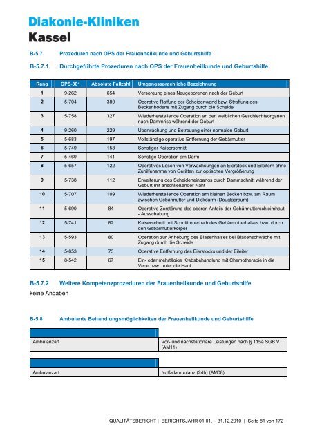 Qualitätsbericht 2010 - AGAPLESION DIAKONIE KLINIKEN KASSEL