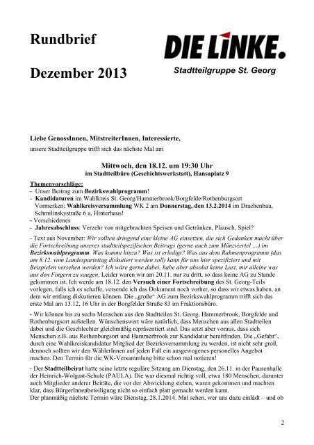 Rundbrief Dezember 2013 - DIE LINKE. Bezirksverband Hamburg ...