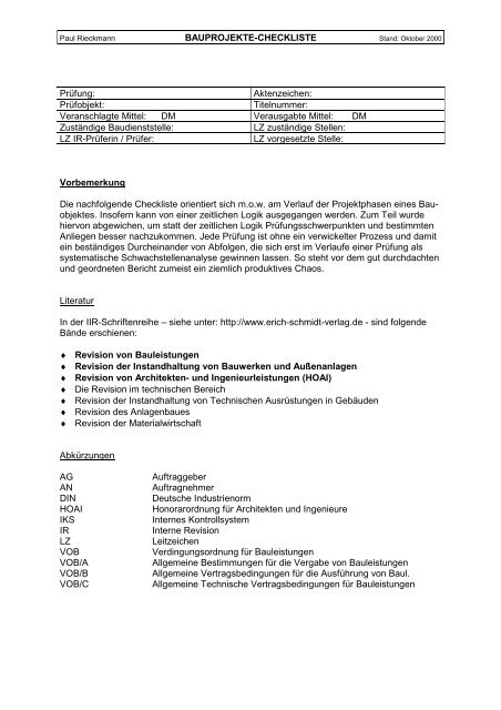Bauprojekt Checkliste Deutsches Institut Fur Interne Revision E V