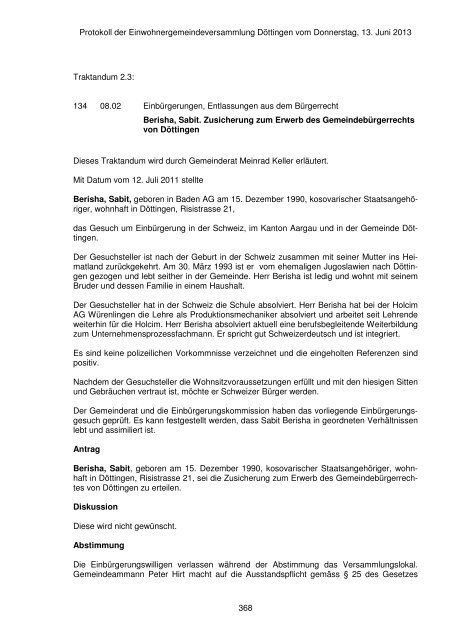 Protokoll der Einwohnergemeindeversammlung vom 13. Juni 2013