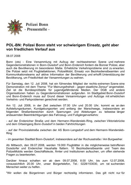 Pressemitteilung der Polizei Bonn vom 8. Juli 2008