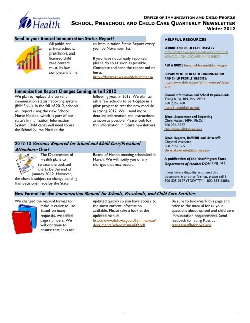 School, Preschool, and Child Care Quarterly Newsletter, Winter 2012