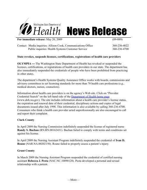 News Release - Washington State Department of Health