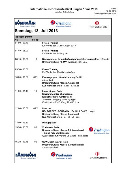 Zeitplan Lingen 10-07-2013 - Internationales Dressurfestival Lingen