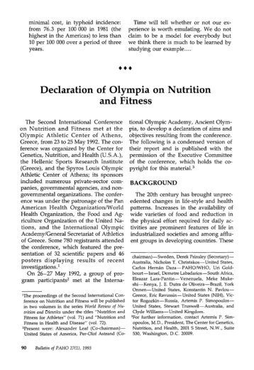 Declaration Of Olympia On Nutrition And Fitness - PAHO/WHO