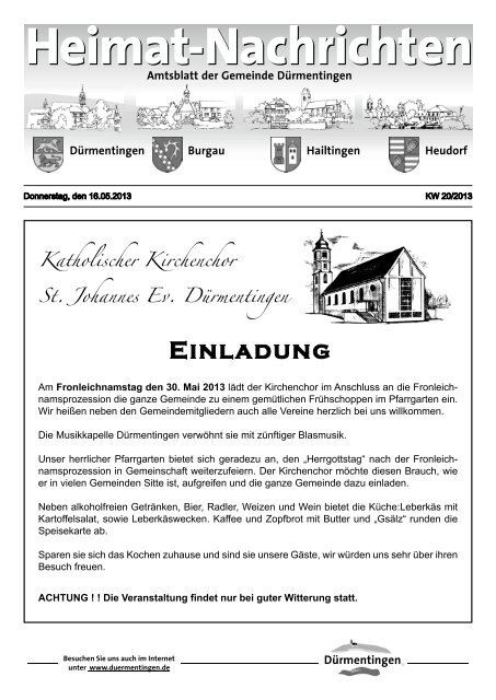 Ausgabe Kw 20 2013 Vom 16 05 2013 Gemeinde Durmentingen