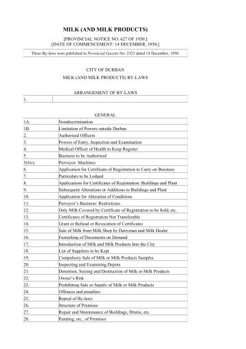 Milk (and Milk Products) Bylaws - Durban