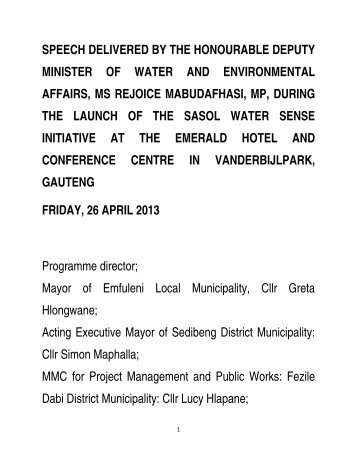 DM`s Sasol Water Sense Speech - Department of Water Affairs and ...