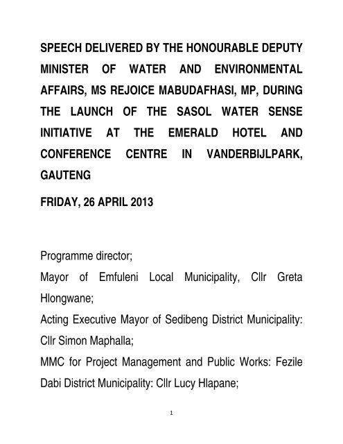 DM`s Sasol Water Sense Speech - Department of Water Affairs and ...