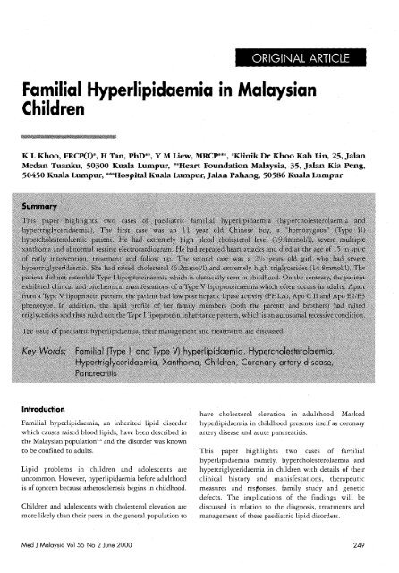 Familial Hyperlipidaemia in Malaysian Children  Medical Journal of