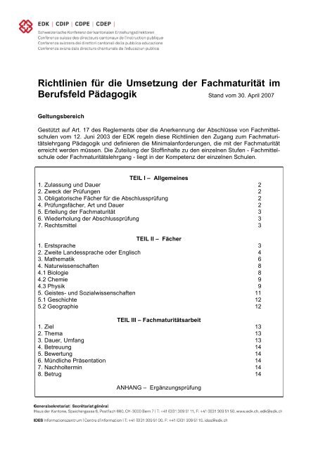 Richtlinien für die Umsetzung der Fachmaturität im Berufsfeld ...