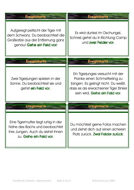 Arbeitsblatt 2f: Tigerspiel - Ereigniskarten