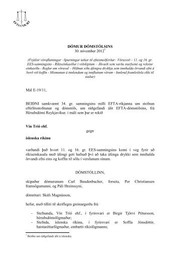 DÓMUR DÓMSTÓLSINS 30. nóvember 2012 Mál E-19 ... - EFTA Court