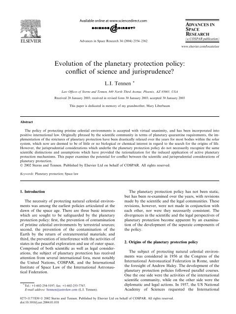 Evolution of the planetary protection policy: conflict of ... - eGov UFSC