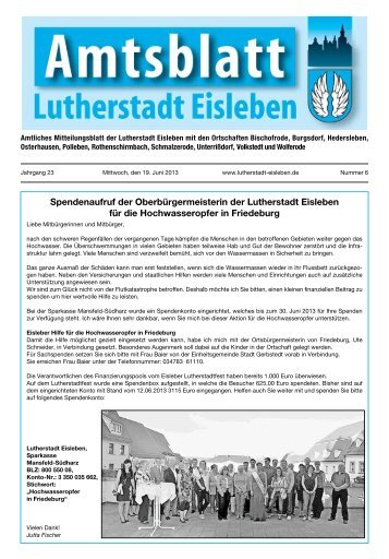 Spendenaufruf der Oberbürgermeisterin der Lutherstadt Eisleben für ...