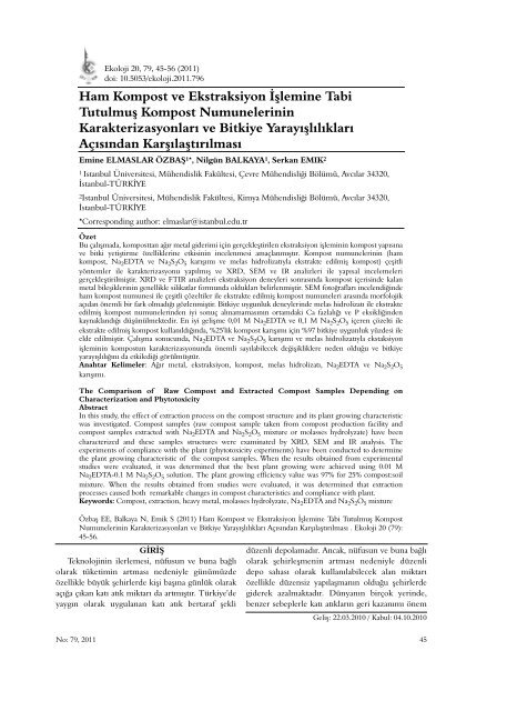 Ham Kompost ve Ekstraksiyon İşlemine Tabi Tutulmuş ... - Ekoloji