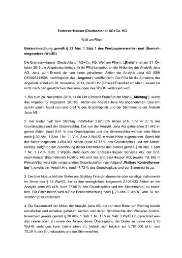 Mitteilung nach § 23 Abs 1 Satz 1 WpüG 2013-11 ... - Endress+Hauser