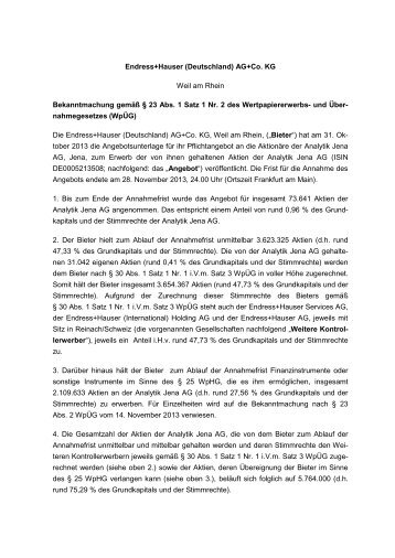 Mitteilung nach § 23 Abs 1 Satz 1 WpÜg 2013-12 ... - Endress+Hauser