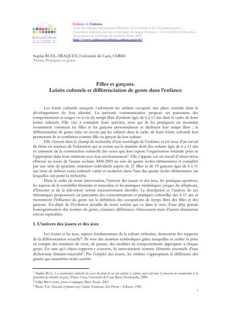 Filles et garçons. Loisirs culturels et différenciation de genre dans l ...