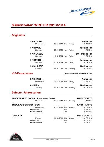 Saisonzeiten & Tarife Winter 2013/14 (PDF) - Engadin