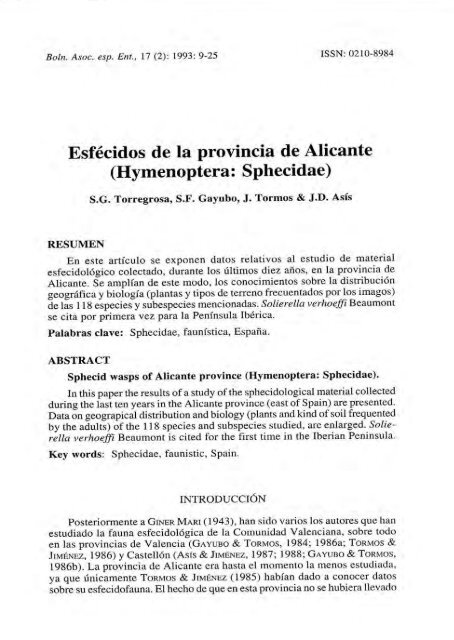 Esfécidos de la provincia de Alicante (Hymenoptera: Sphecidae)