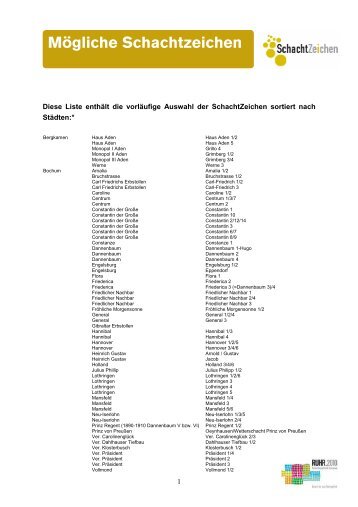 SchachtZeichen_Pressemappe_Liste SchachtZeichen - Ruhr 2010