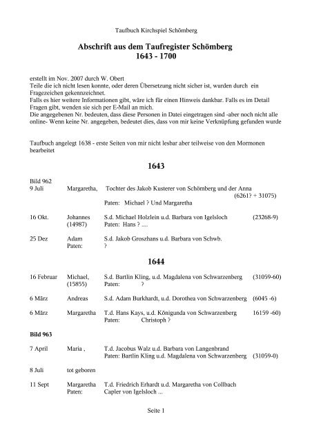 Abschrift aus dem Taufregister Schömberg 1643 - 1700 1643 1644