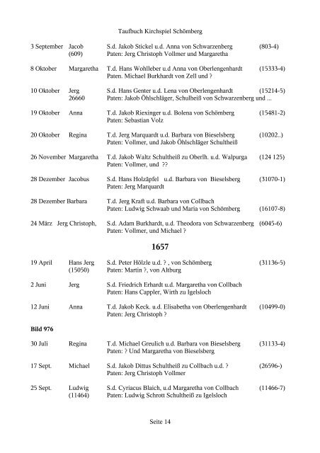 Abschrift aus dem Taufregister Schömberg 1643 - 1700 1643 1644