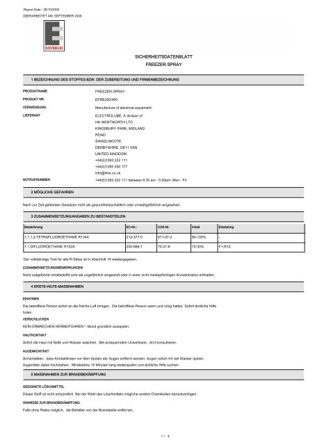 SICHERHEITSDATENBLATT FREEZER SPRAY - Farnell