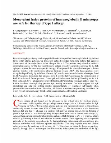 Monovalent fusion proteins of immunoglobulin E mimotopes are ...